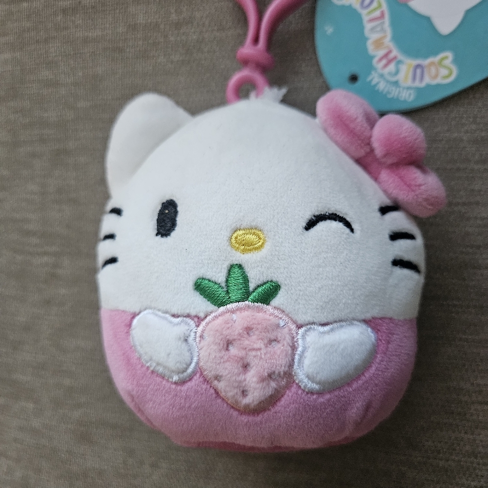 Squishmallow Hello Kitty Pink and White Plush Clip-On Keychain 4"